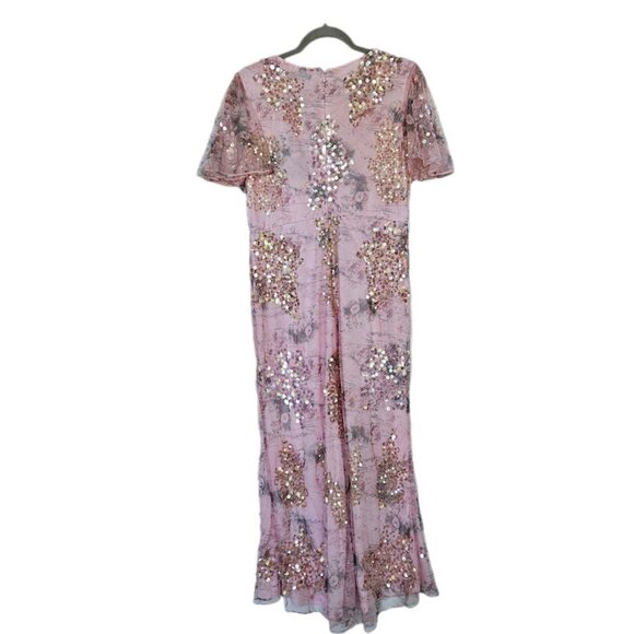 NWT Ieena for Mac Duggal Sequin Mesh Flutter Sleeve Faux Wrap Midi Dress Rose 12 - Picture 8 of 15